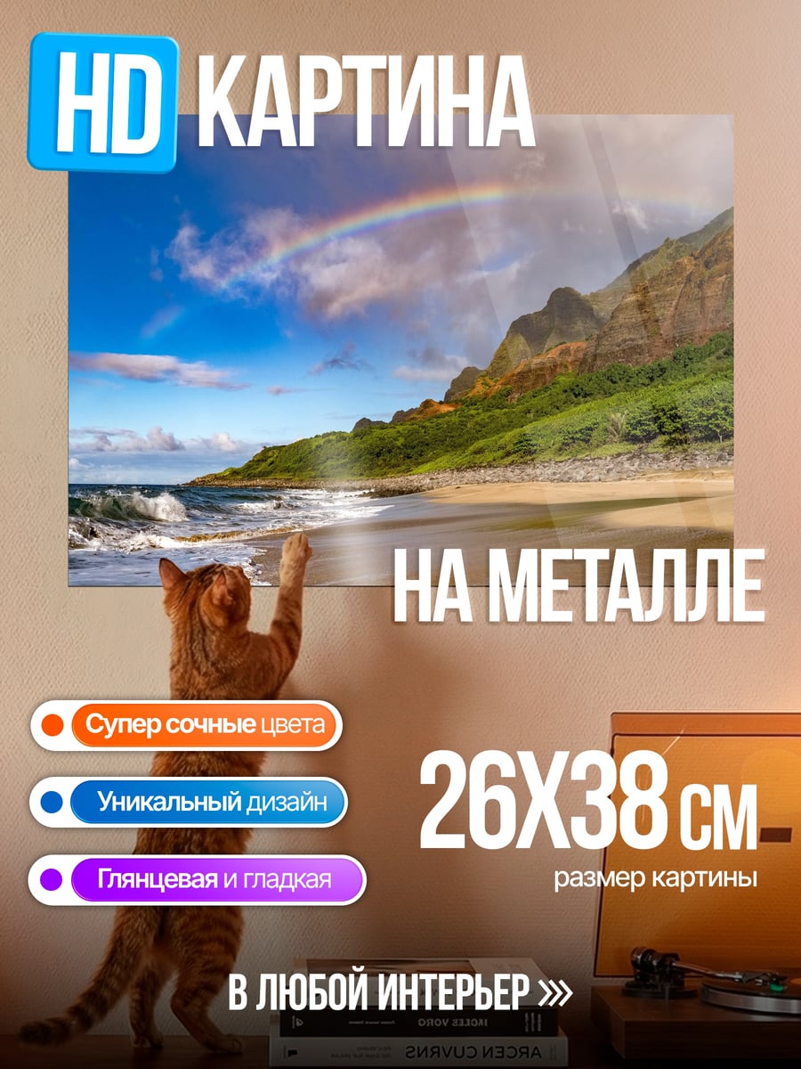 Картина на металле пляж с радугой