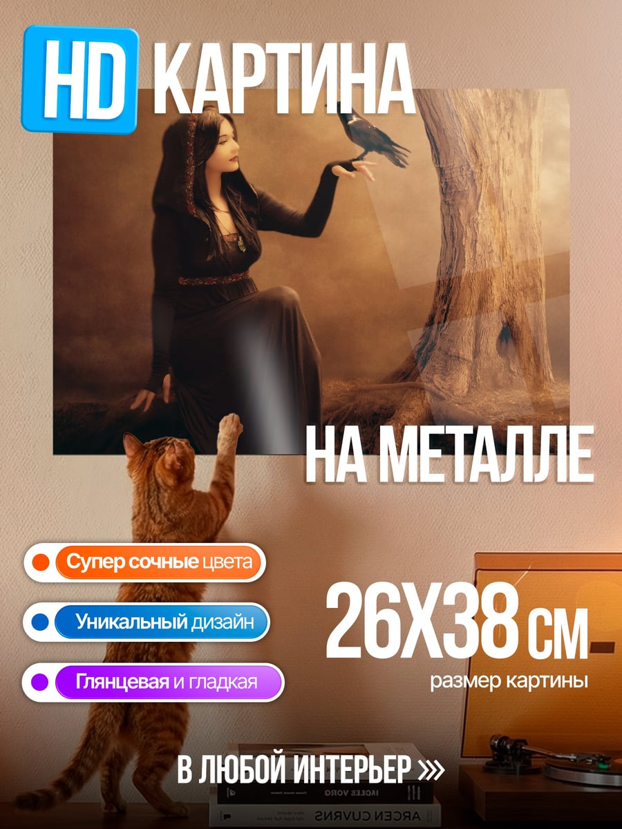 Картина на металле Девушка с вороном