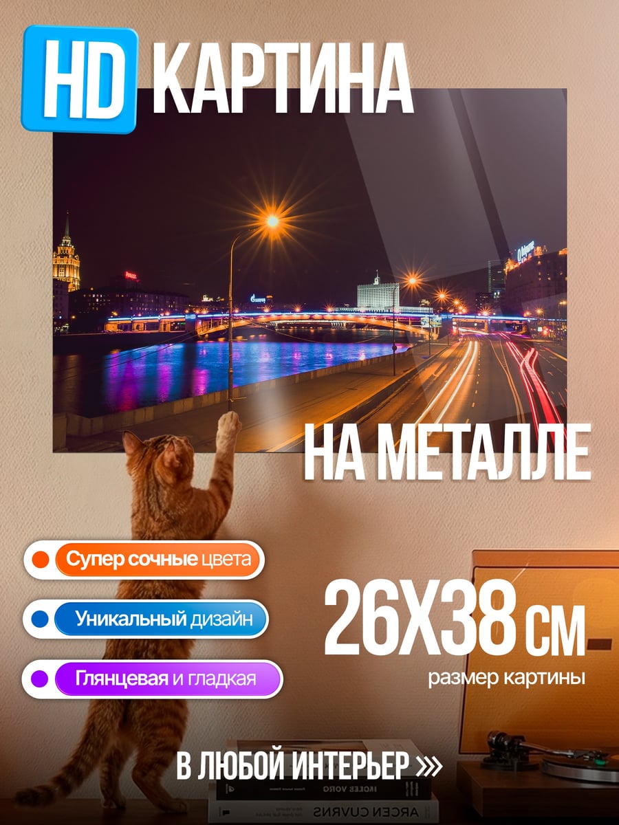 Картина на металле Ночной город с мостом