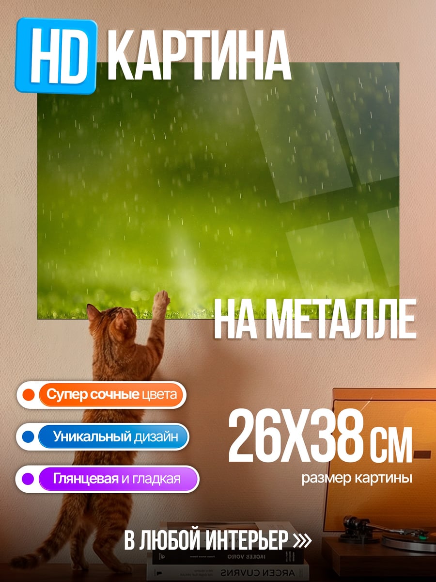 Картина на металле Дождь на траве