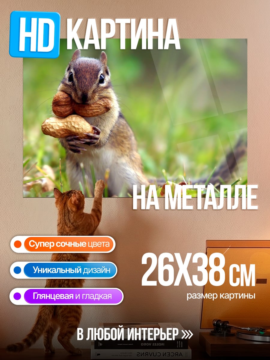 Картина на металле бурундук с орехом