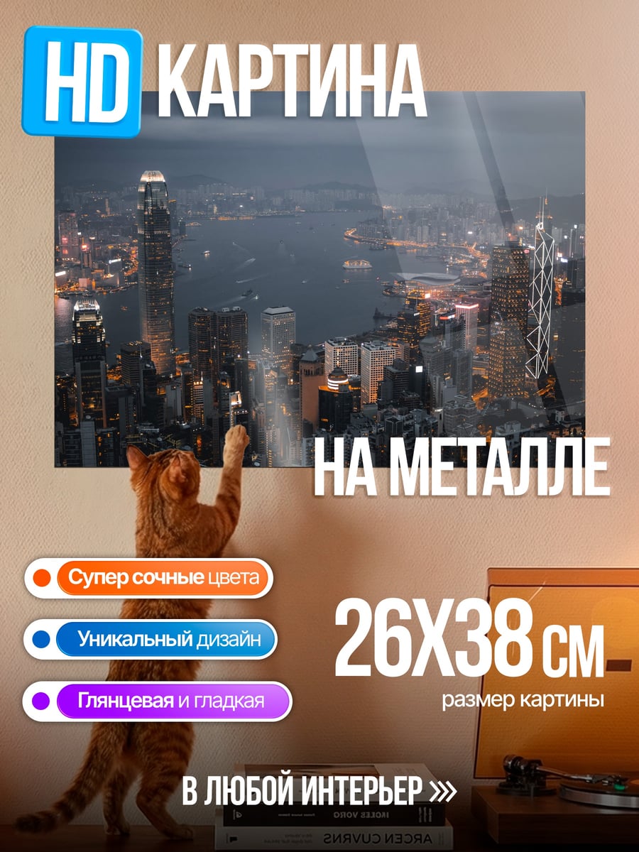 Картина на металле ночной город Гонконг