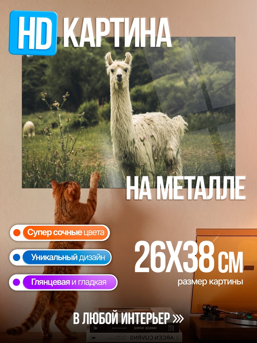 Картина на металле Лама на лугу