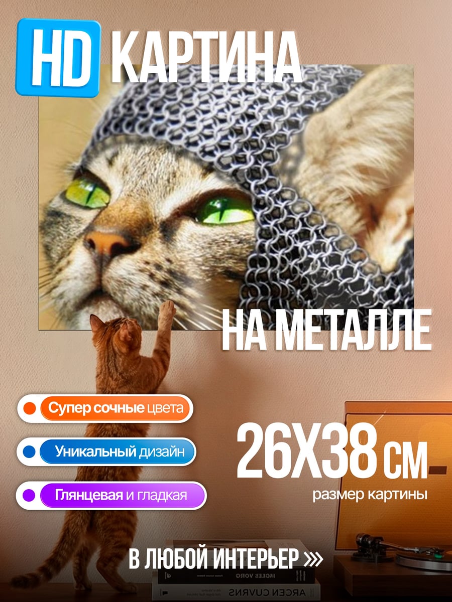 Картина на металле Кот в кольчуге