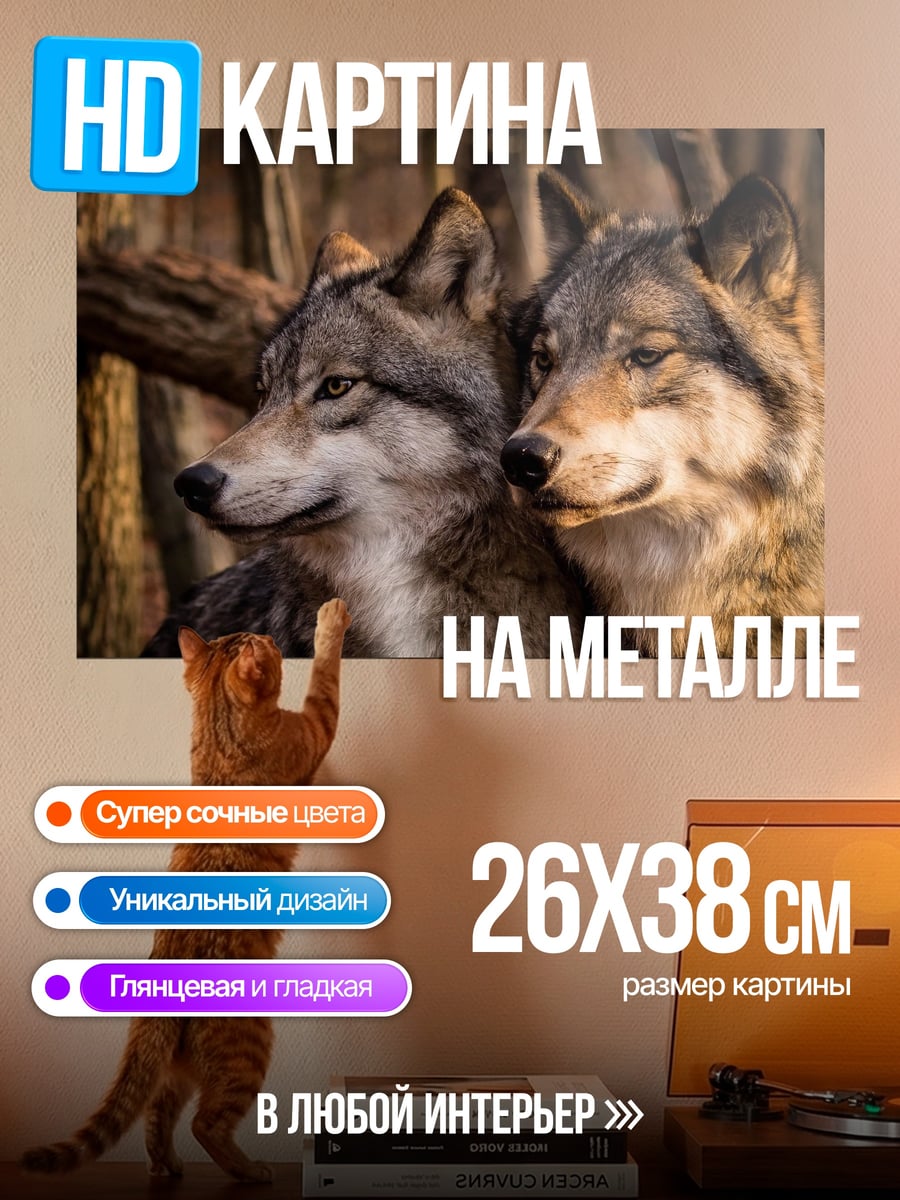 Картина на металле пара волков в лесу