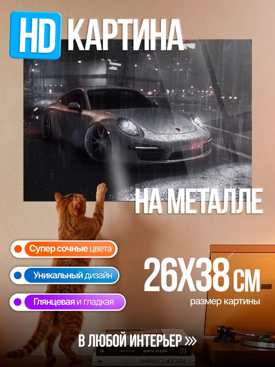 Картина на металле Порше в дождь