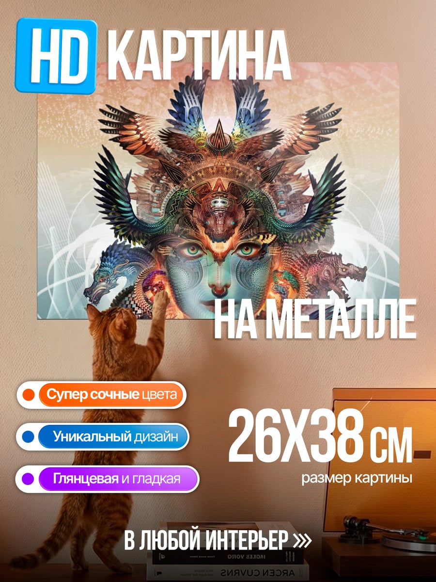 Картина на металле Шаманка с птицами