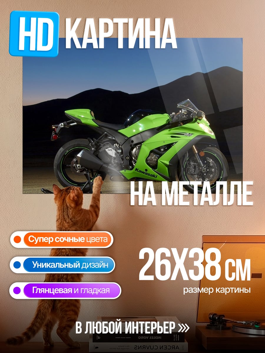 Картина на металле Зеленый мотоцикл Kawasaki