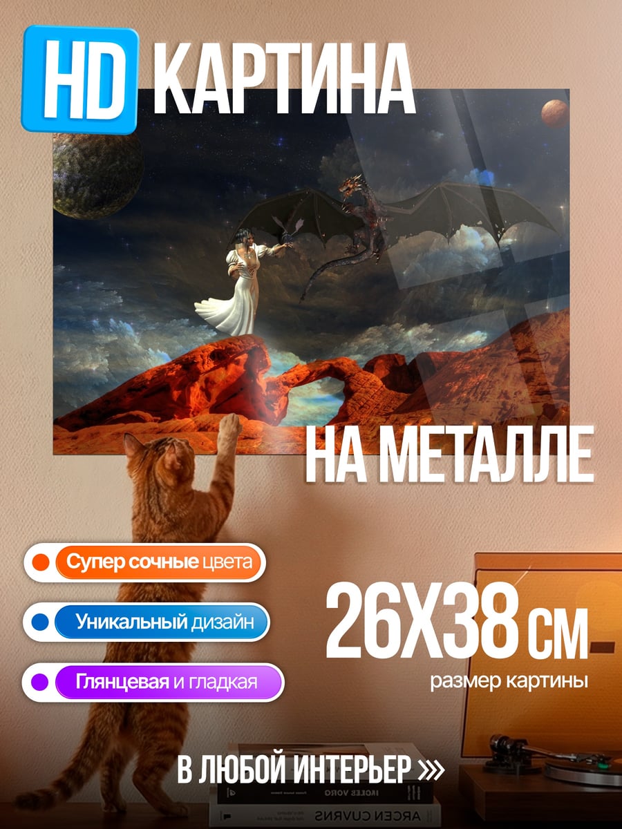 Картина на металле Девушка и дракон