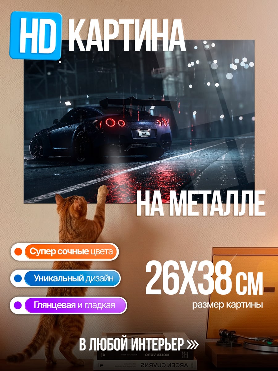 Картина на металле Ночная гонка под дождем