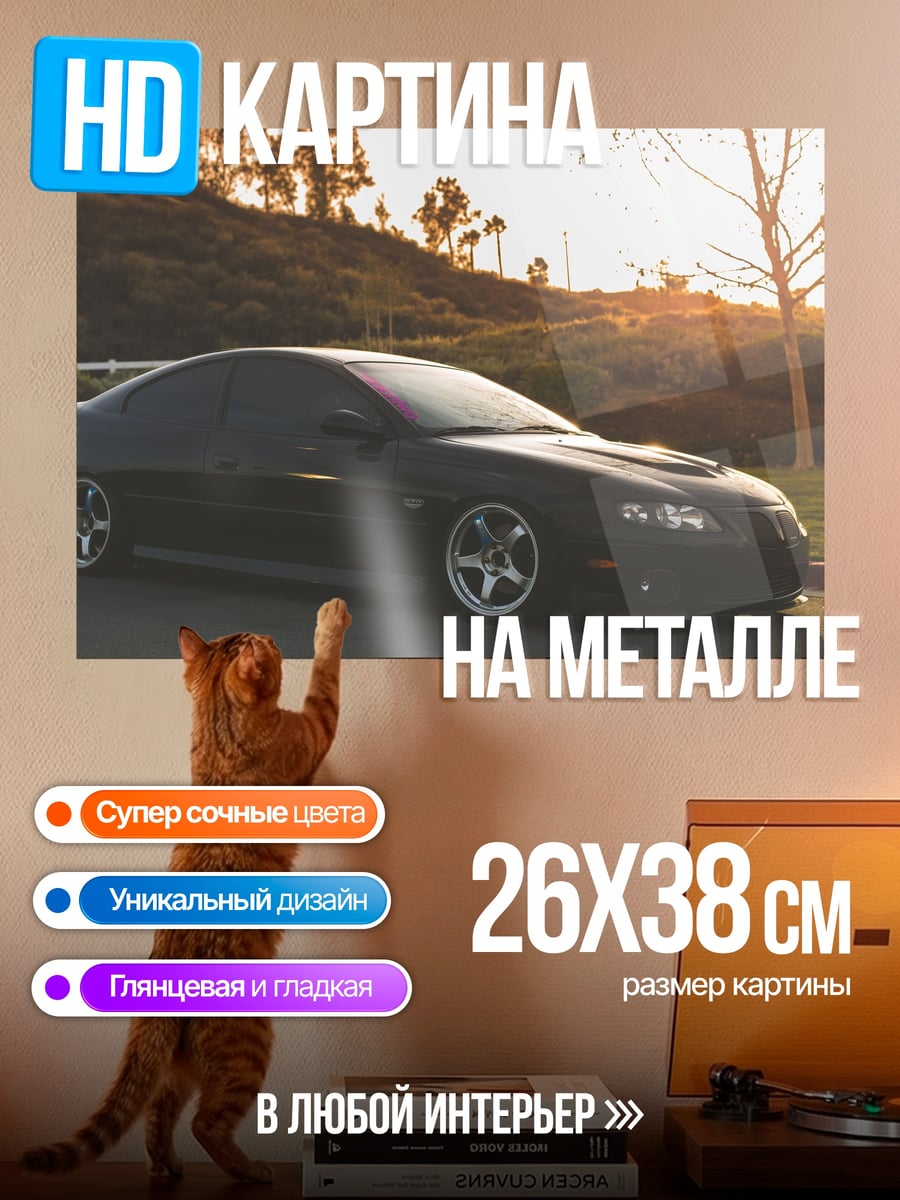 Картина на металле черное купе на закате