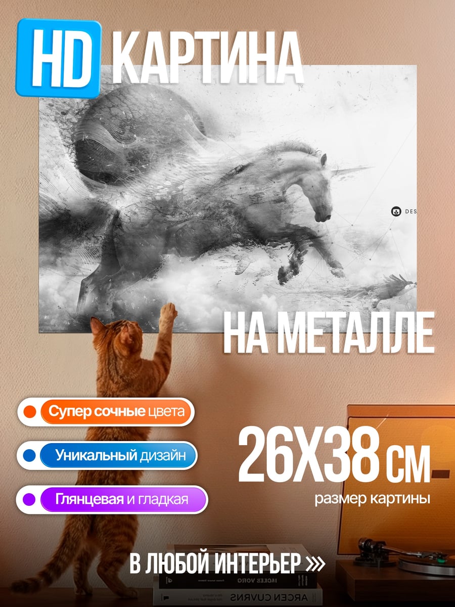 Картина на металле Черно-белый единорог