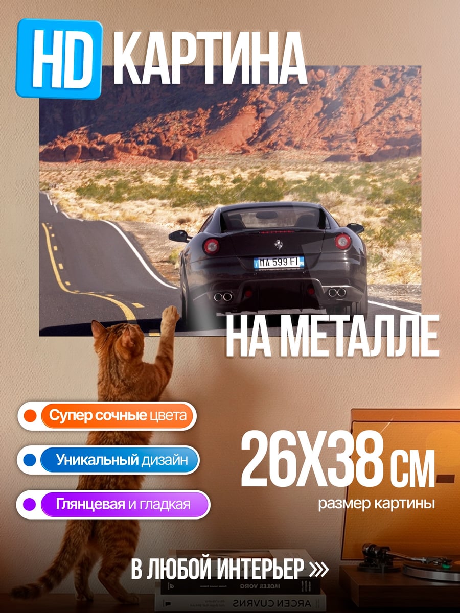 Картина на металле чёрный спорткар в пустыне