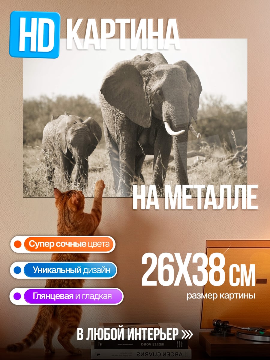 Картина на металле Слоны в саванне
