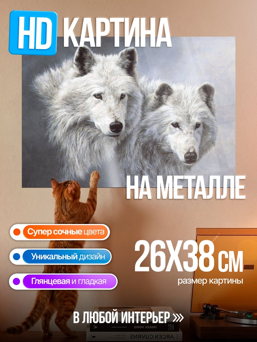 Картина на металле Два белых волка