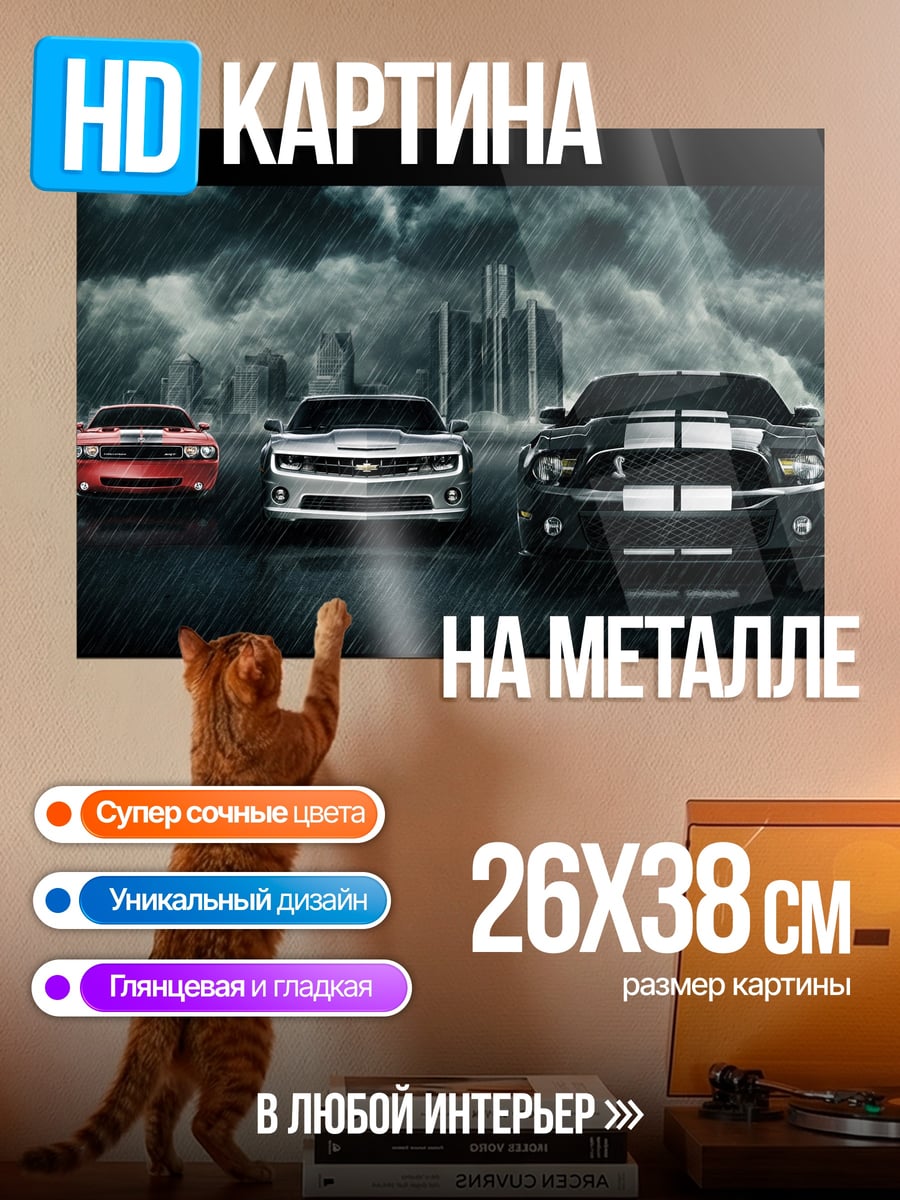 Картина на металле Три машины под дождем