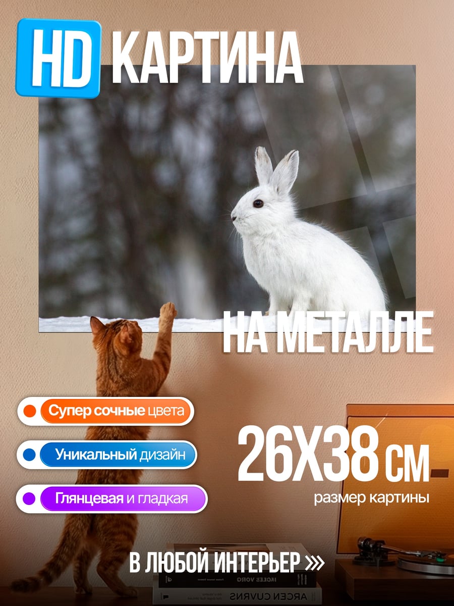 Картина на металле Белый кролик в снегу