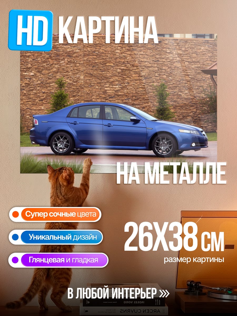 Картина на металле Синий седан у дома
