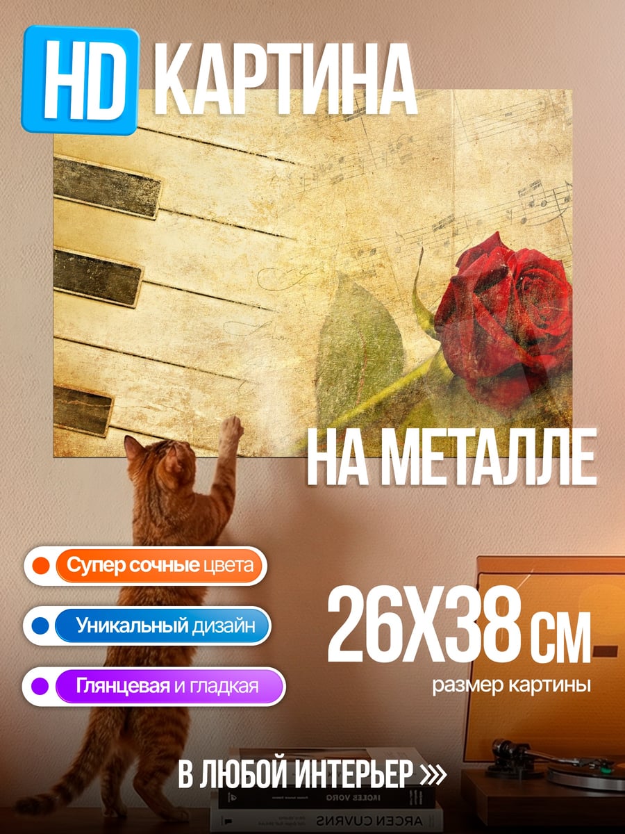 Картина на металле Роза и пианино