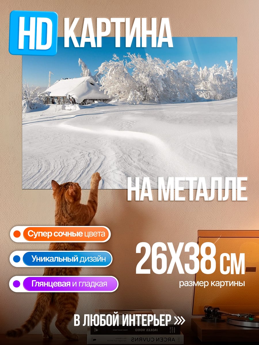 Картина на металле Зимний пейзаж с домиком
