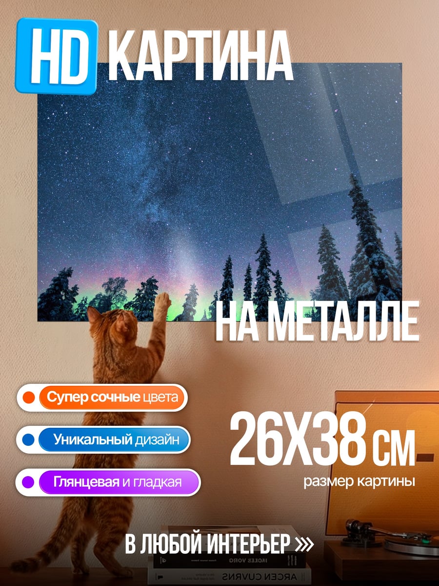 Картина на металле зимний лес северное сияние