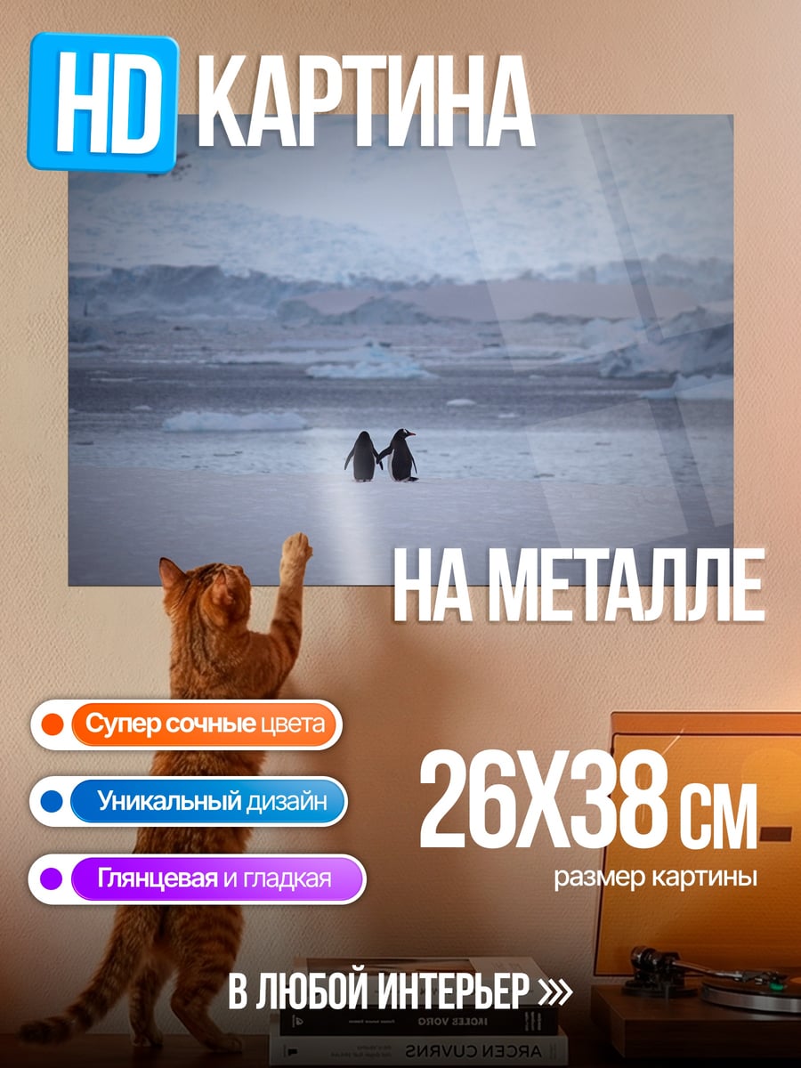 Картина на металле Пингвины держатся за руки