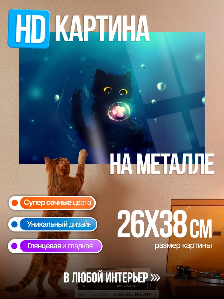 Картина на металле чёрный кот пузырь