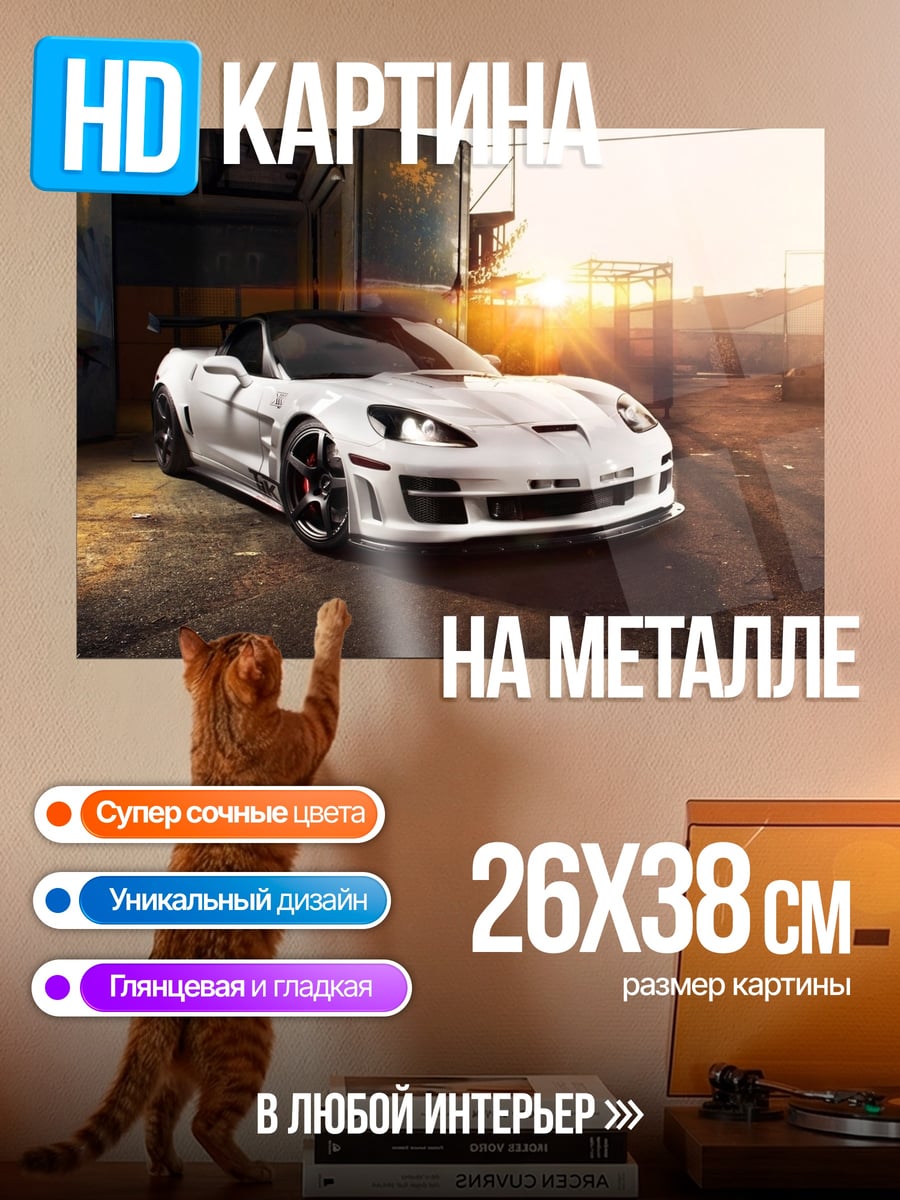 Картина на металле Белый спорткар на закате