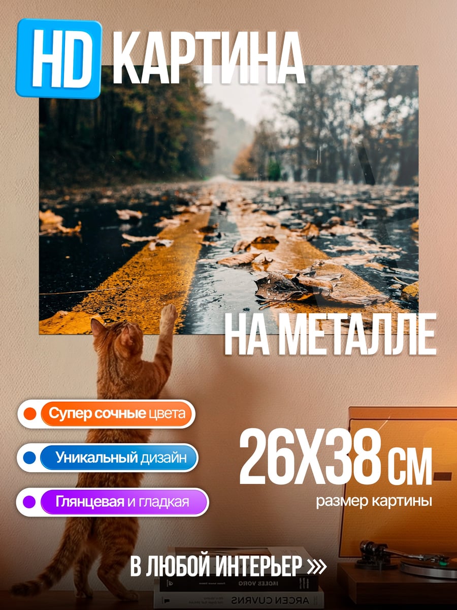 Картина на металле Осенняя дорога в тумане