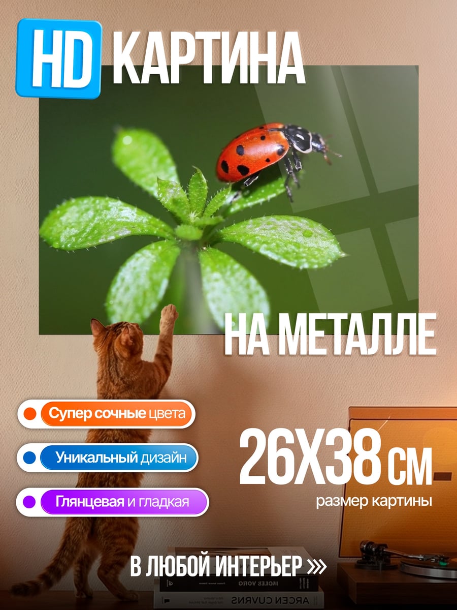 Картина на металле Божья коровка на листе