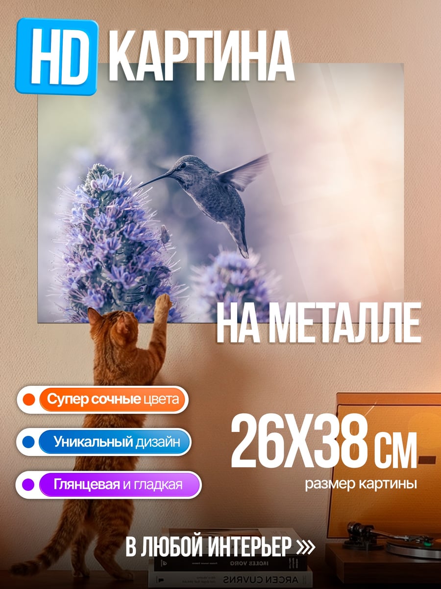 Картина на металле Колибри и цветы