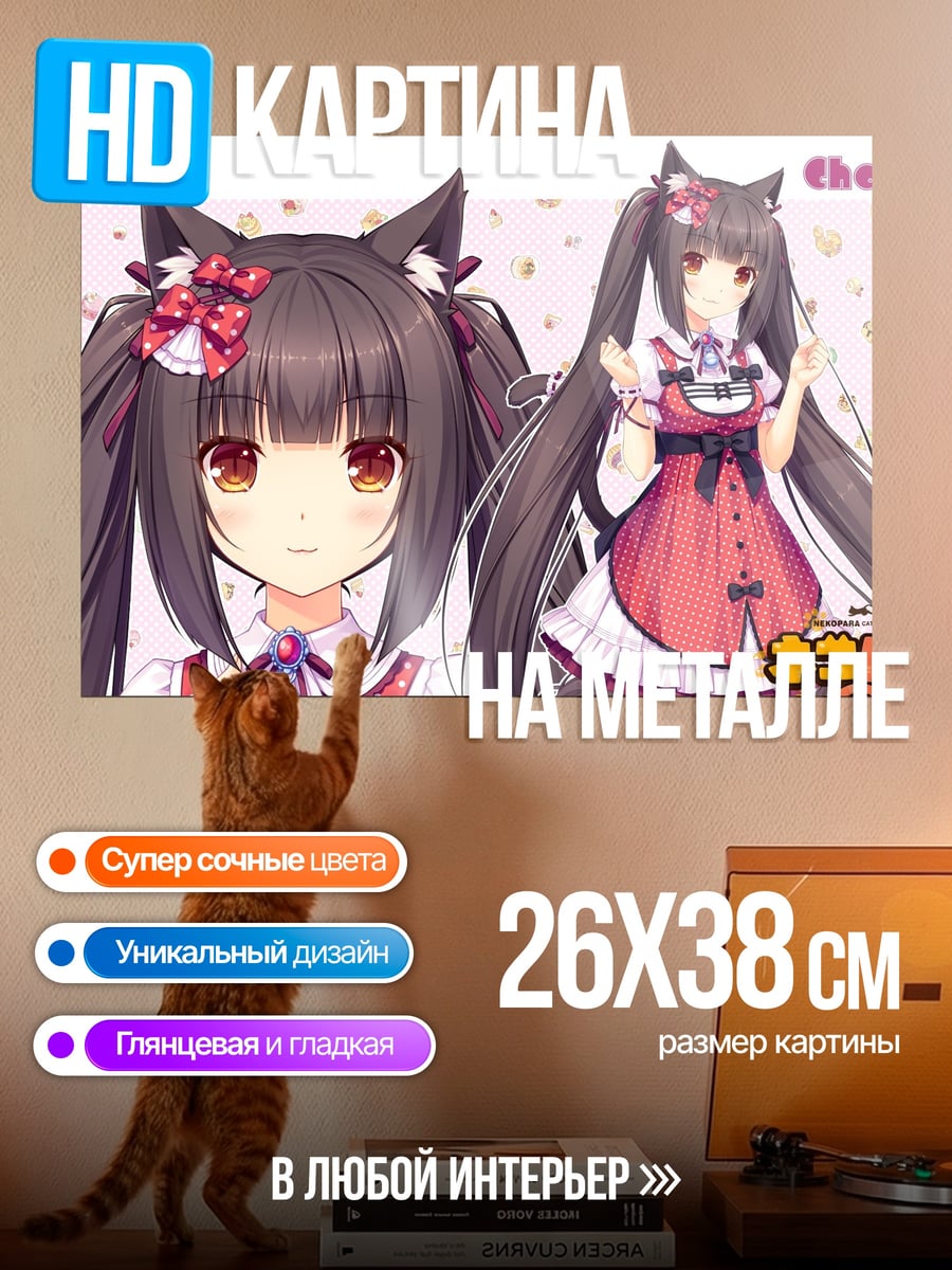 Картина на металле Шоколадная кошка девушка
