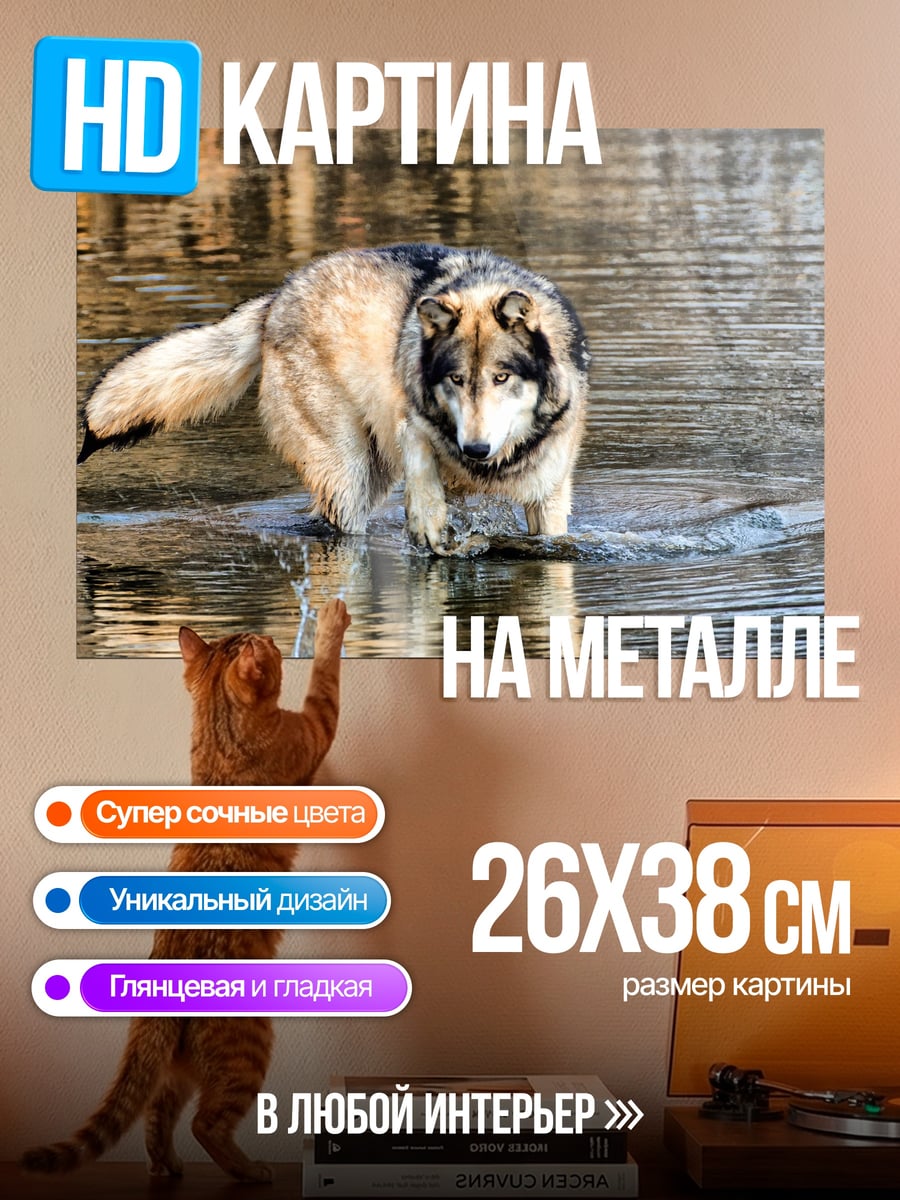 Картина на металле Волк в воде