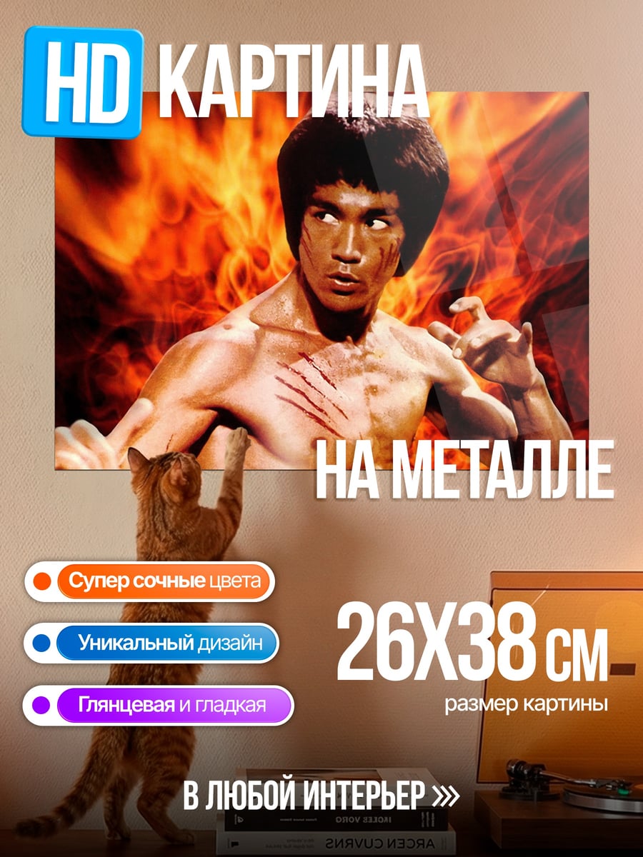 Картина на металле Брюс Ли огонь