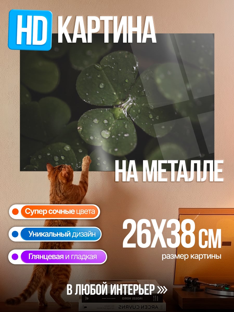 Картина на металле капли на клевере