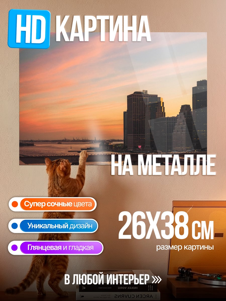 Картина на металле Закат над городом