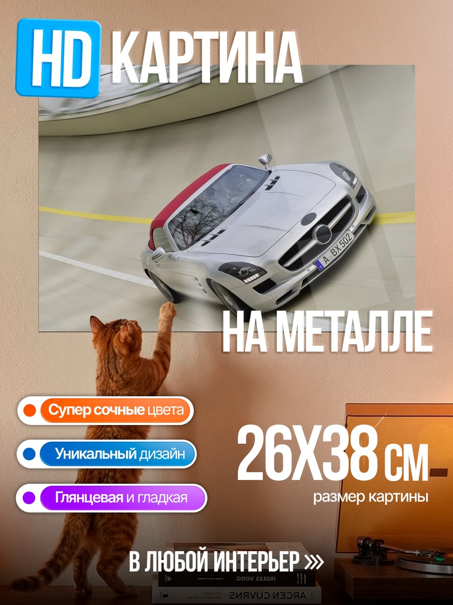 Картина на металле серебристый автомобиль на треке