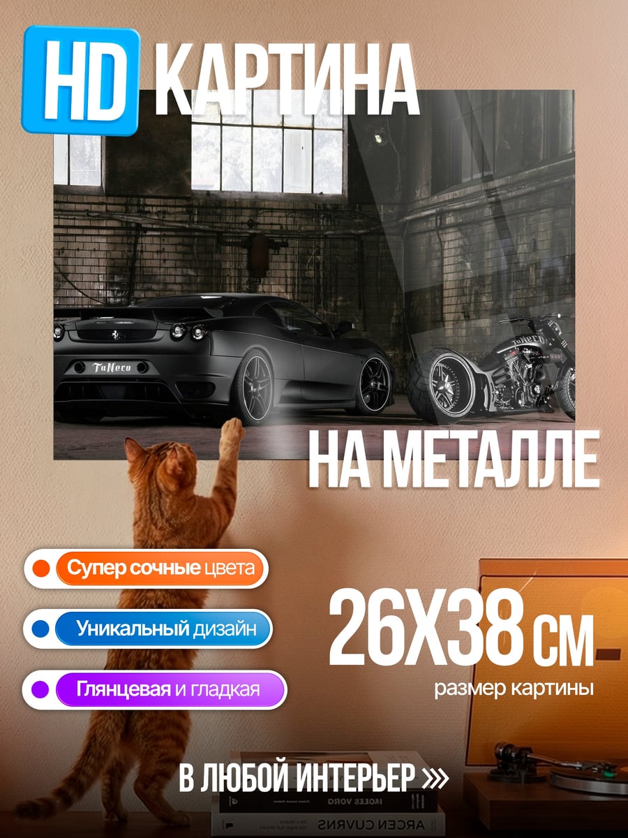 Картина на металле Черный спорткар и байк