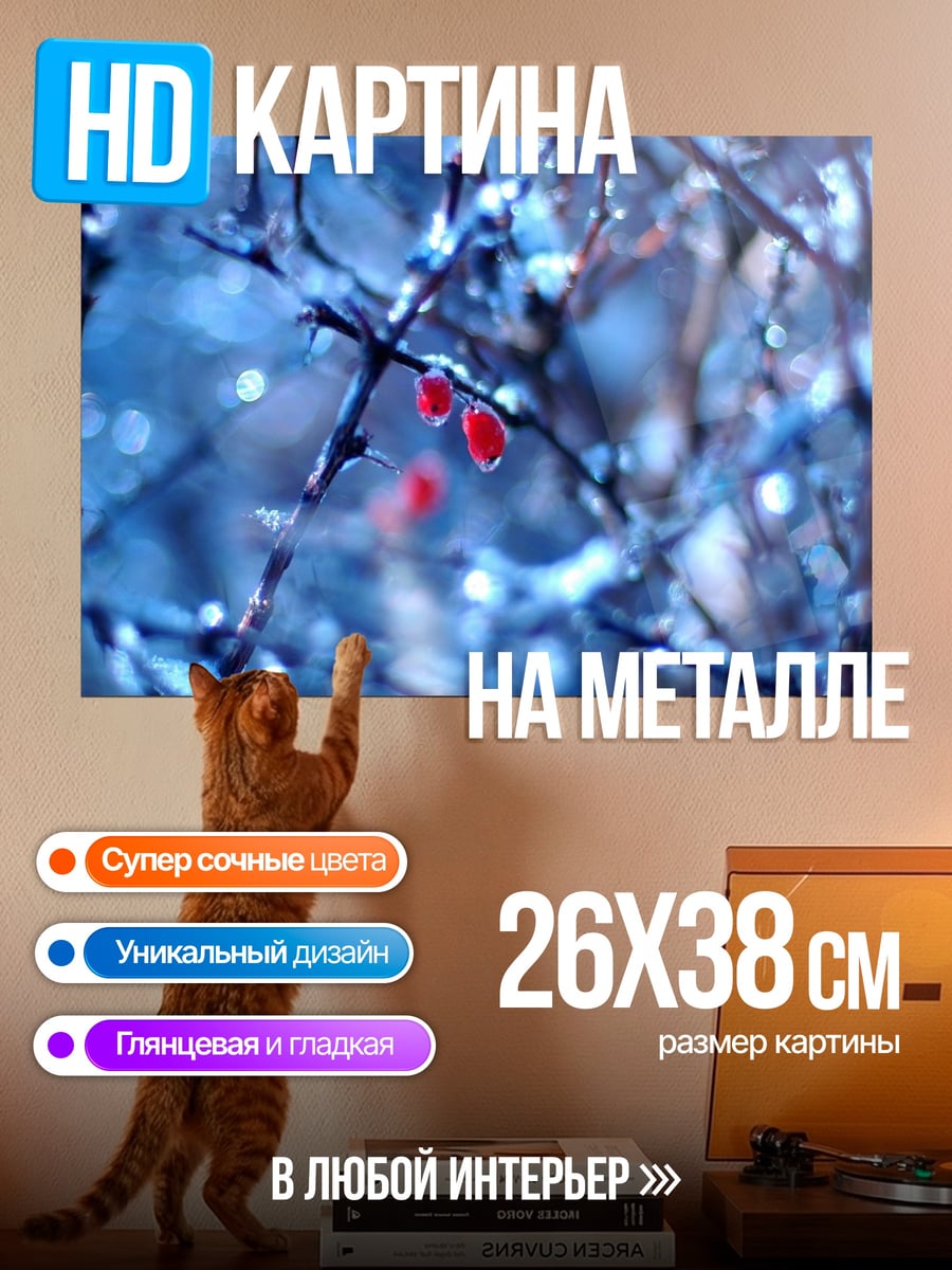 Картина на металле Красные ягоды на ветках