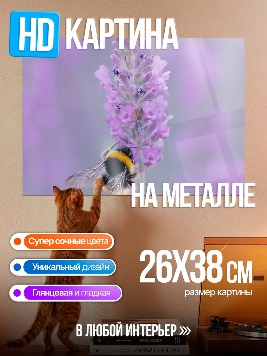 Картина на металле Шмель на лаванде