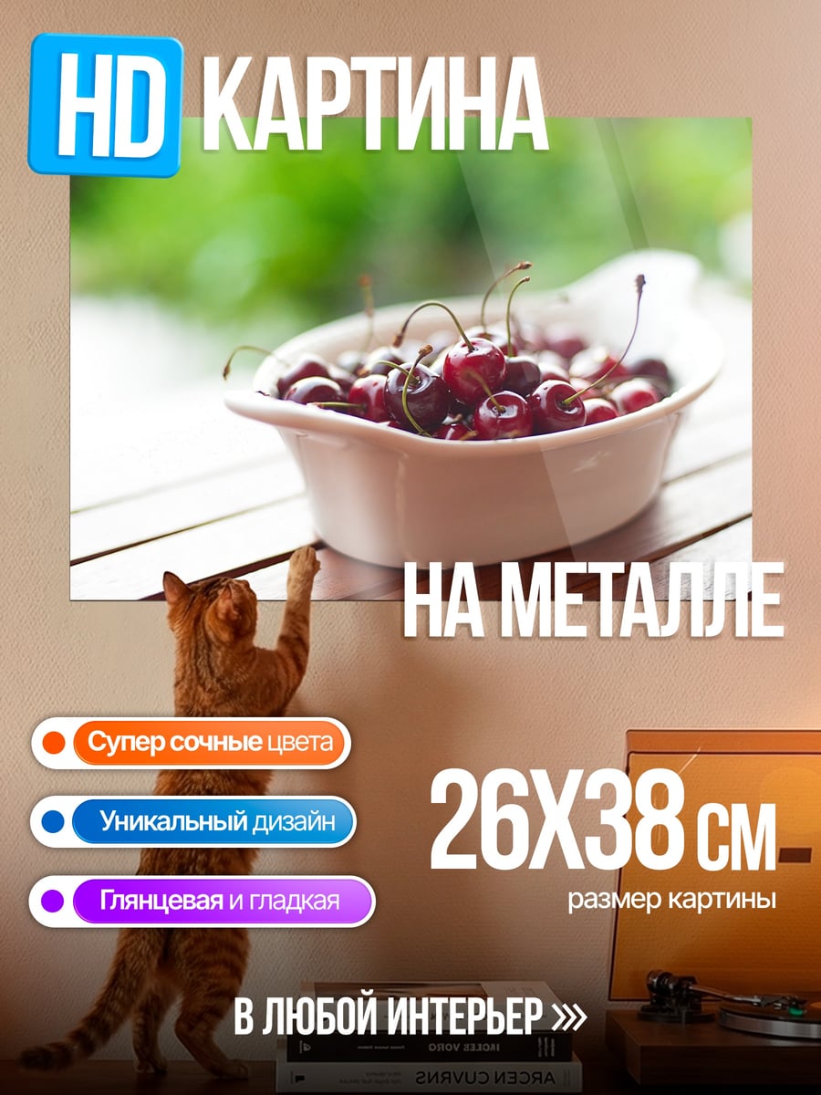 Картина на металле Спелая вишня в миске