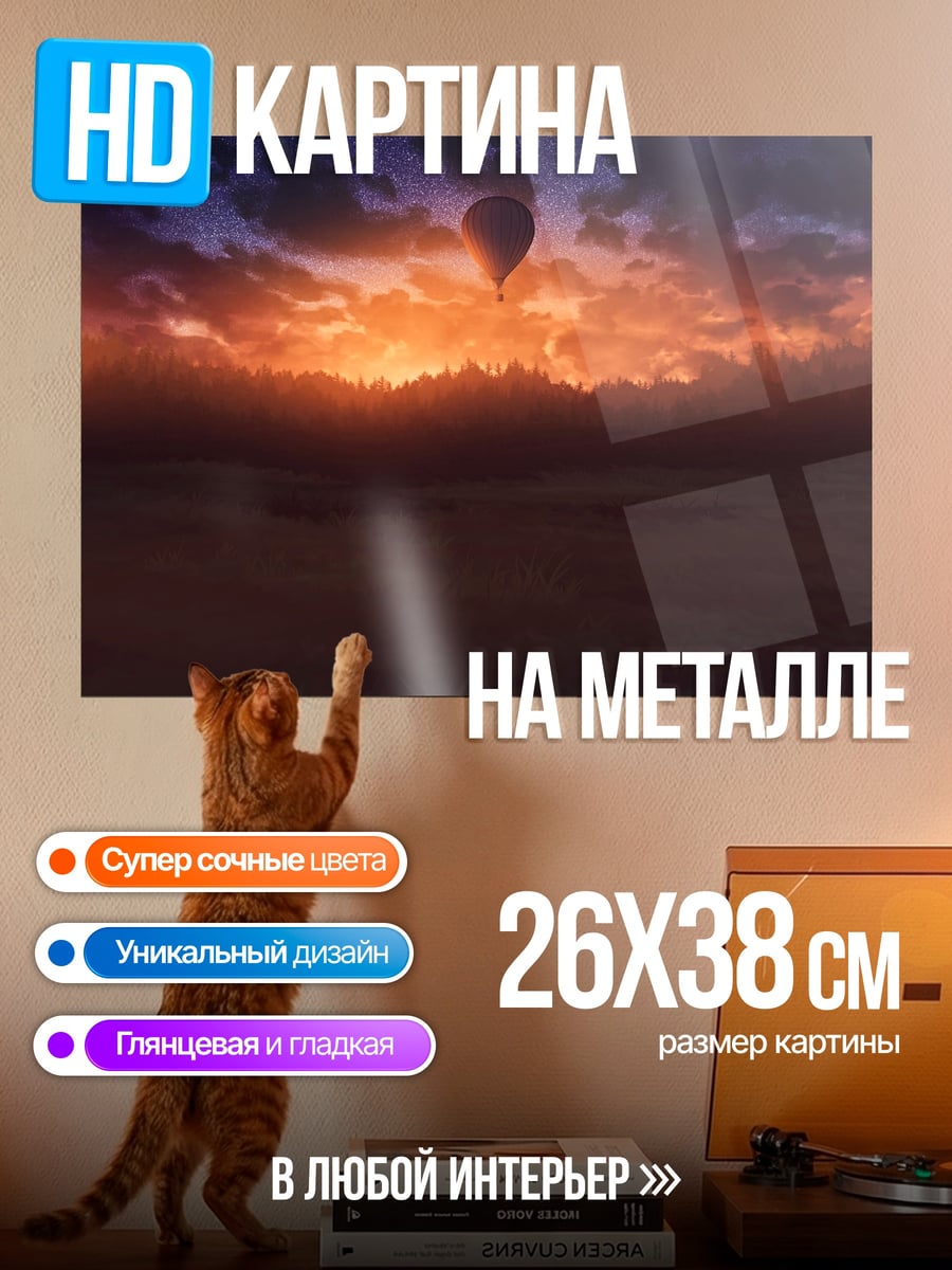 Картина на металле Воздушный шар на закате
