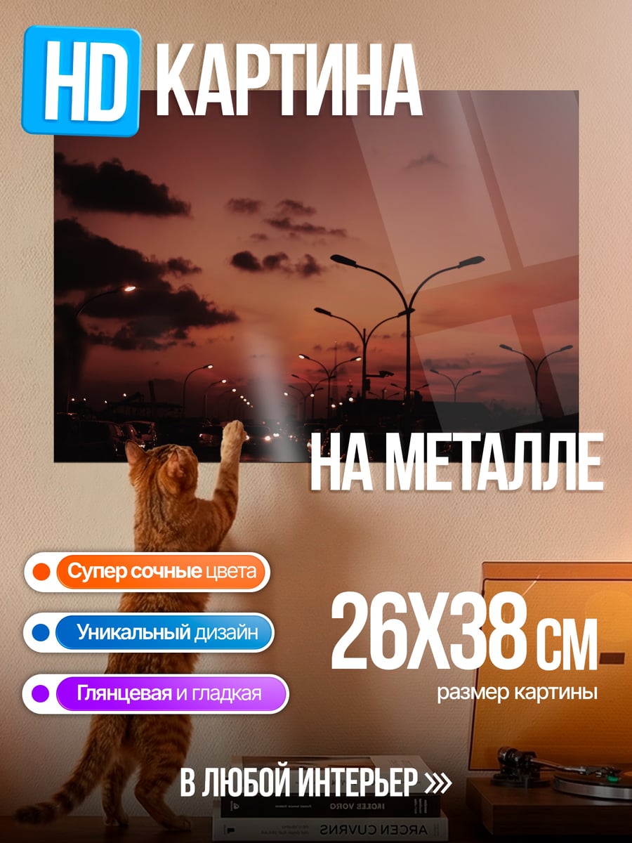 Картина на металле Закат над городом