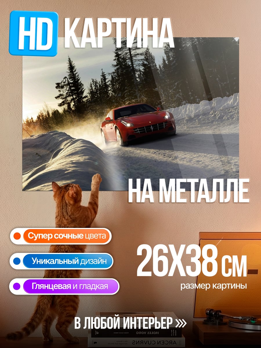 Картина на металле красная машина снег