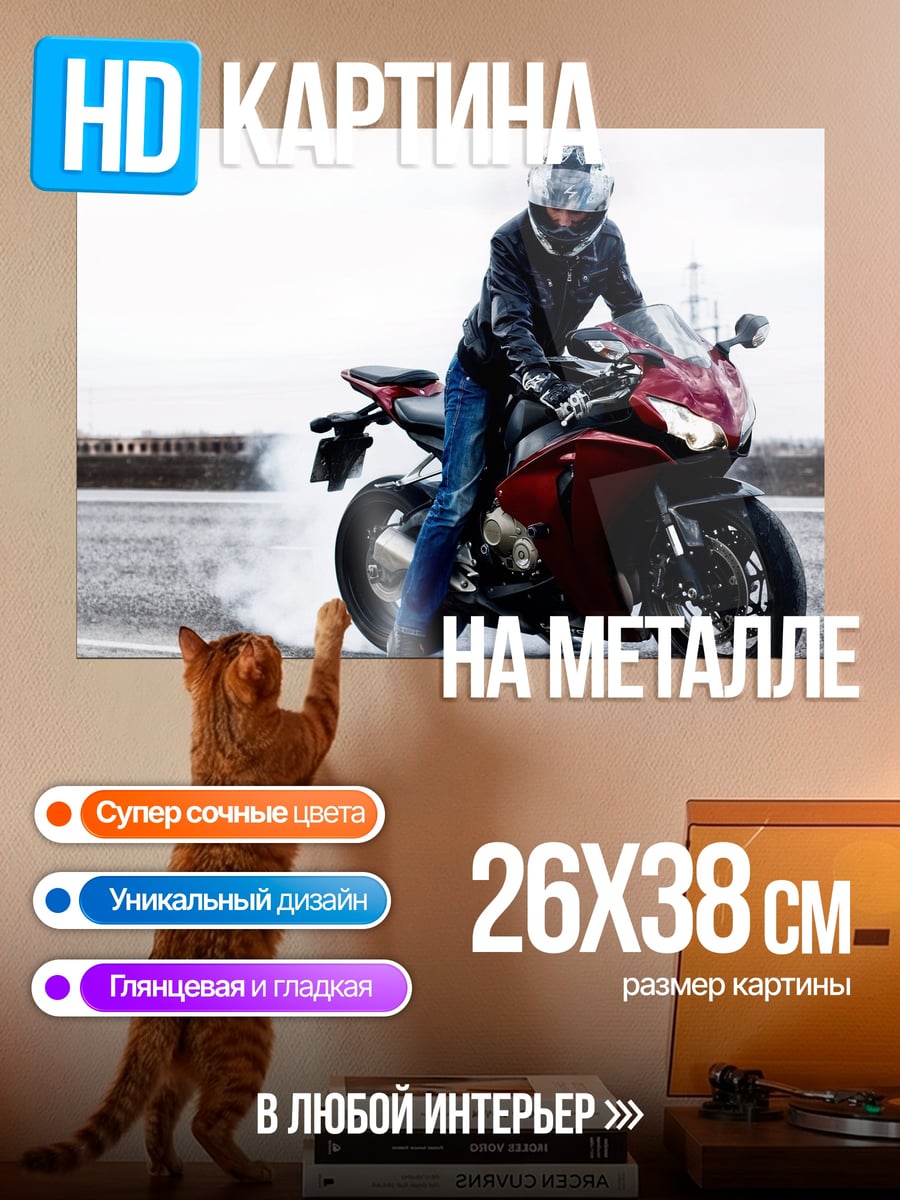 Картина на металле Мотоциклист выполняет дрифт