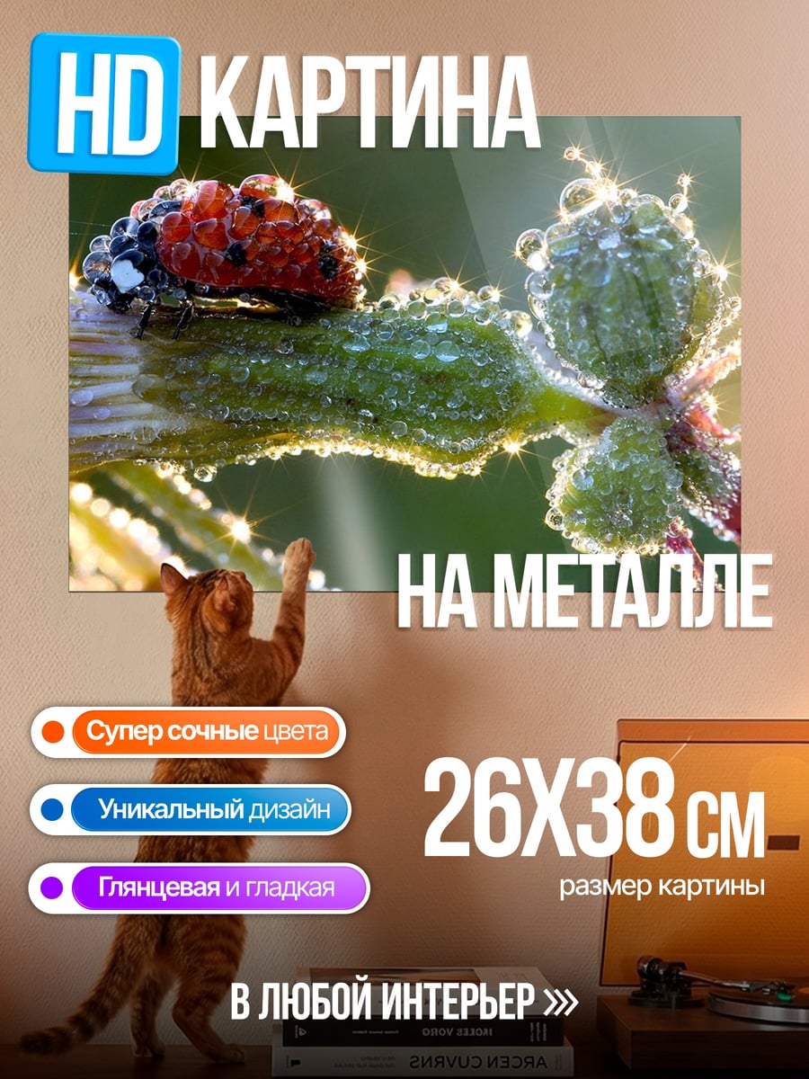 Картина на металле божья коровка роса