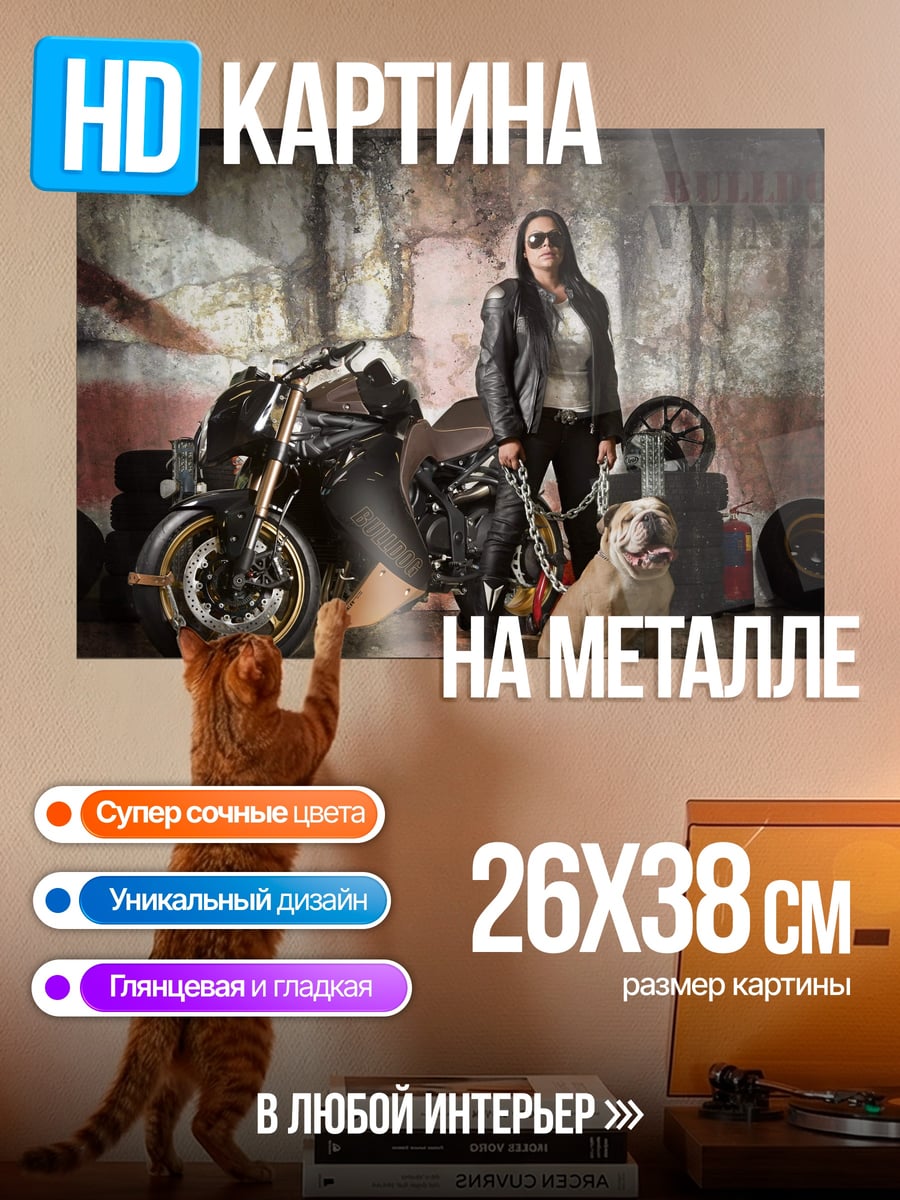 Картина на металле женщина байкер собака