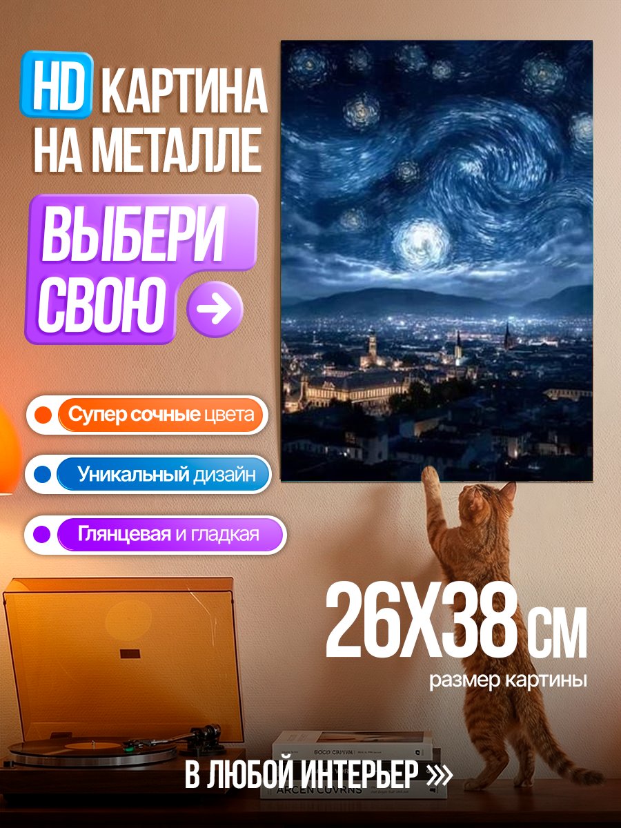 Картина на металле Звездная ночь над городом
