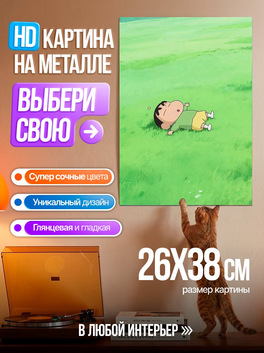 Картина на металле Шинчан спит на траве