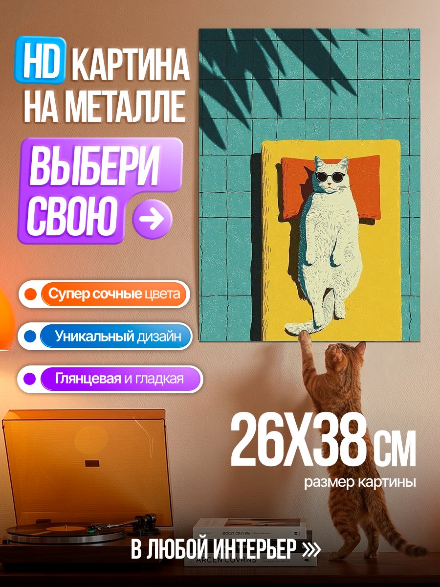 Картина на металле Кот на пляже